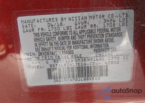 2018 Nissan Versa 1.6 Sv from USA, damaged, VIN 3N1CN7AP2JL884503